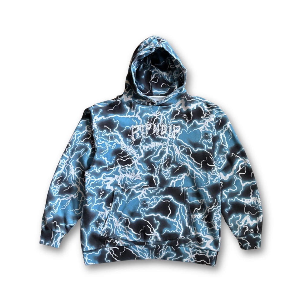 RIPNDIP Blue Lightning All Over Print Hoodie Mens Large Spellout Logo Pullover